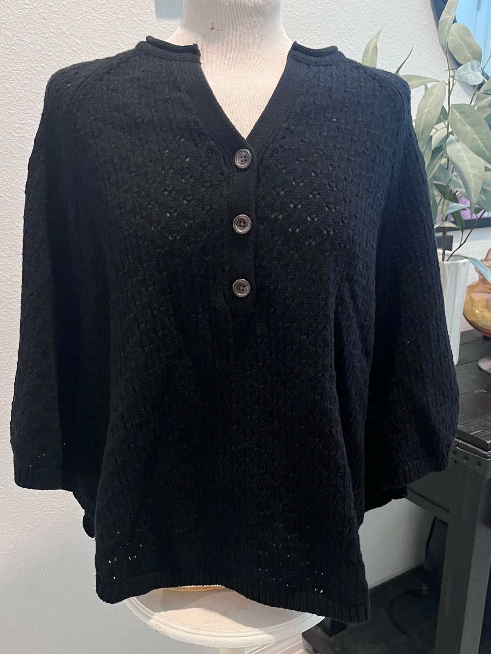Peck & Peck Black Button Henley Knit Sweater Cape